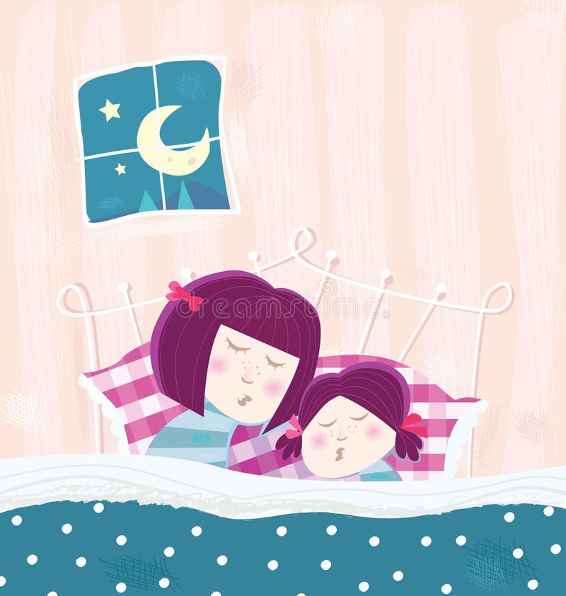 Sleeping mother and child. Mother and child are sleeping in bed during dark blue night. Cartoon vector Illustration vector illustration