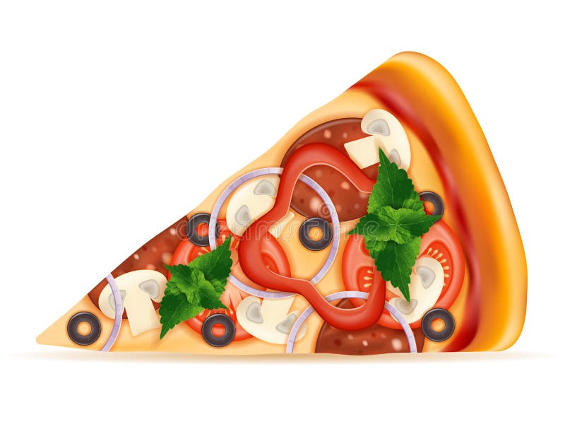 Slice of pizza with cheese tomato salami olive champignon onion royalty free illustration
