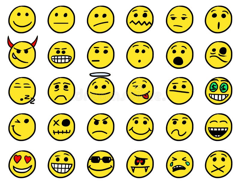 Smiley drawings icon set 1 in color. Set 1 of smiley icons drawings doodles in color stock illustration