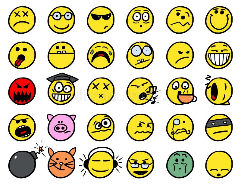 Smiley drawings icon set 2 in color. Set 2 of smiley icons drawings doodles in color royalty free illustration