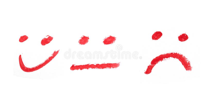 Smiley face and sad drawing with red lipstick on white. Background royalty free illustration