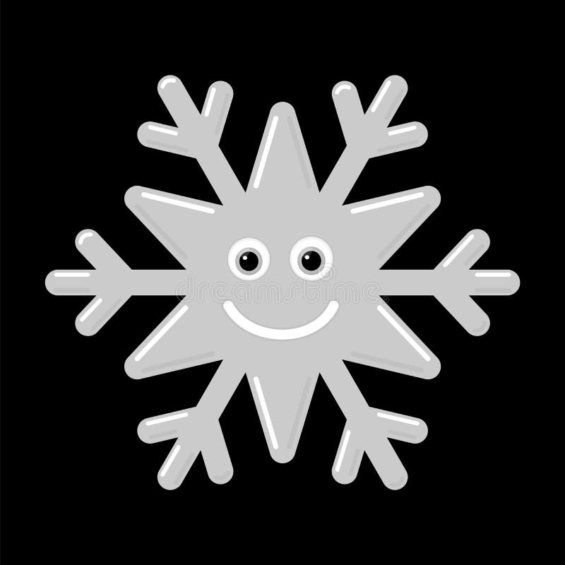 Snowflake smiley baby face. Cute winter gray snow flake, smile, isolated black background. Happy fun character, kid. Emoticon. Drawing cartoon doodle. Holiday stock illustration