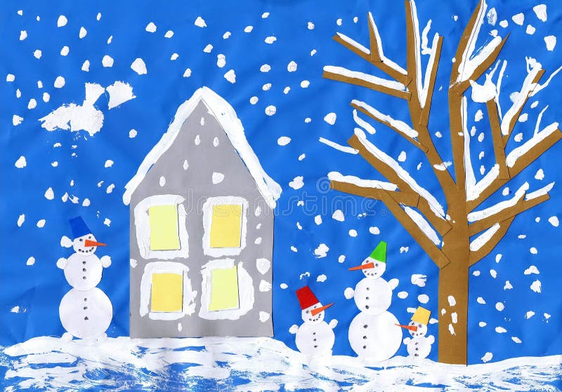 The snowman family stands near the house on winter day. Children`s drawing applique royalty free illustration The snowman family stands near the house on winter day. Children`s drawing applique royalty free illustration