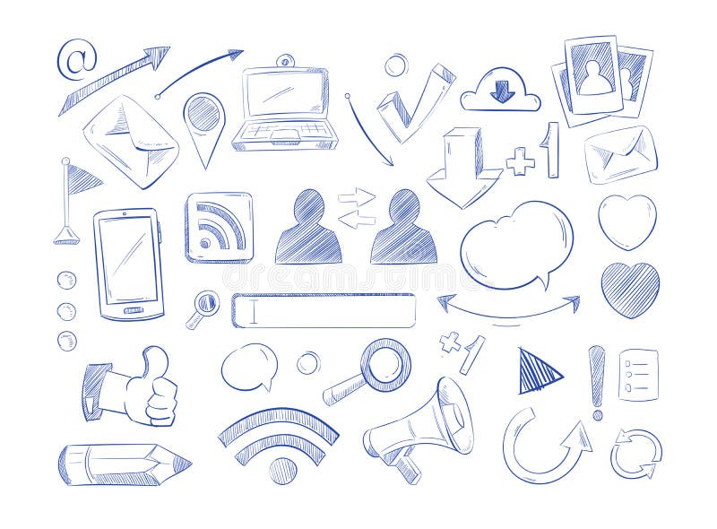 Social media network vector doodles, internet computer hand draw icons. Set of sketch social media, illustration of drawing element social network royalty free illustration Social media network vector doodles, internet computer hand draw icons. Set of sketch social media, illustration of drawing element social network royalty free illustration