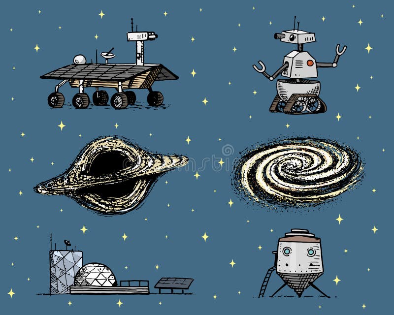 Space shuttle, black hole and galaxy, robot and mars, lunar rover, moonwalker and colony, astronaut exploration royalty free illustration Space shuttle, black hole and galaxy, robot and mars, lunar rover, moonwalker and colony, astronaut exploration royalty free illustration