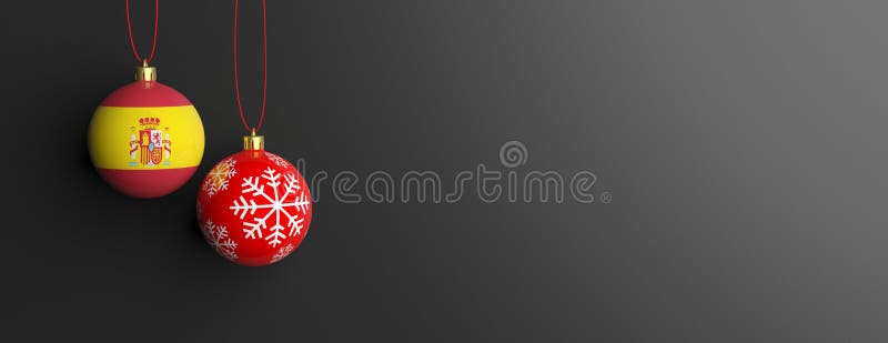 Spain flag on a christmas ball, black background. 3d illustration stock illustration