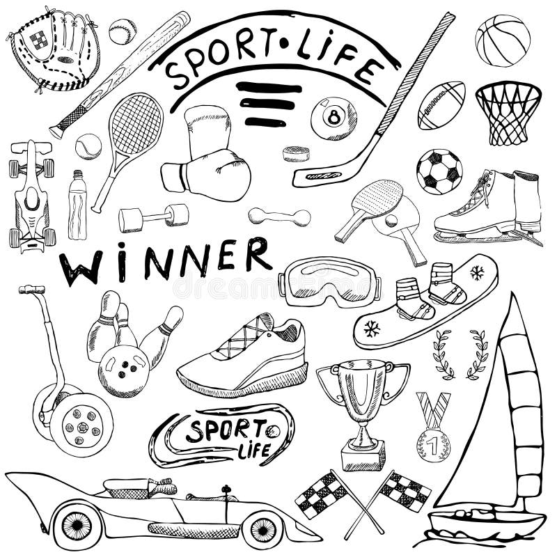 Sport life sketch doodles elements. Hand drawn set with baseball bat, glove, bowling, hockey tennis items, race car, cup medal, bo. Xing, winter sports. Drawing vector illustration