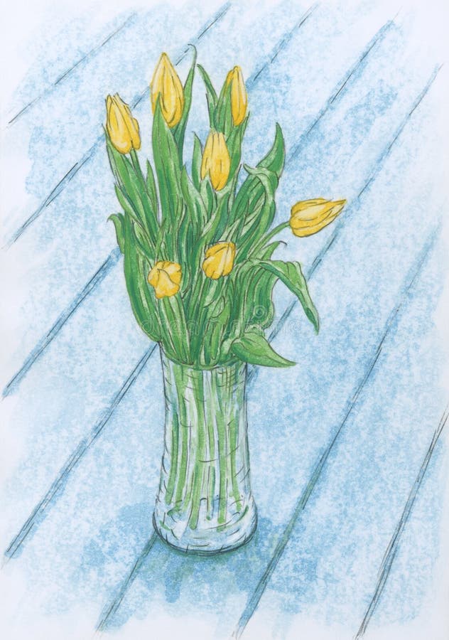 Still life with yellow tulip flowers in glass vase vector illustration