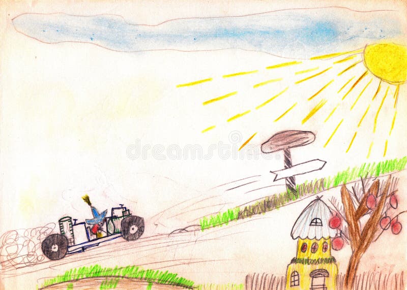 Storybook character Neznayka on the car, going uphill. Yellow sun, blue sky, small house, road sing. Child drawing. Fairy tale character Neznayka on the car stock illustration