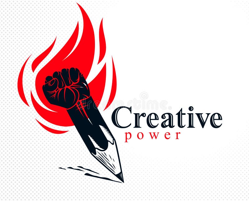 Strong design or art power concept shown as a pencil with clenched fist combined into symbol with fire flame, vector logo or. Creative conceptual icon for vector illustration