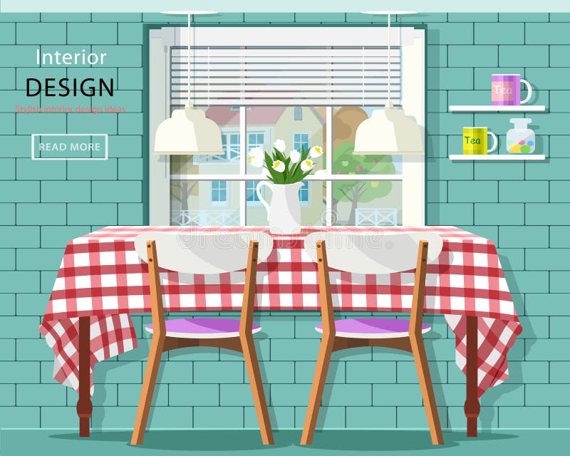Stylish vintage dining room interior: dinner table with checkered tablecloth, window with jalousie and brick wall with shelves. stock illustration
