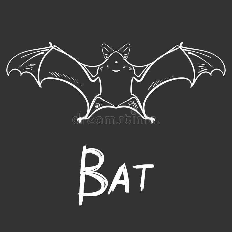 Stylized bat. Hand drawn linear rough sketch. White silhouette on black background stock illustration