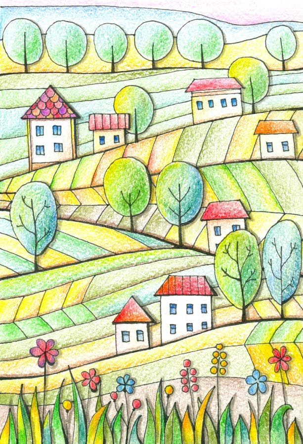 Summer day. Rural landscape with houses, trees and fields. Colorful pencil drawing vector illustration