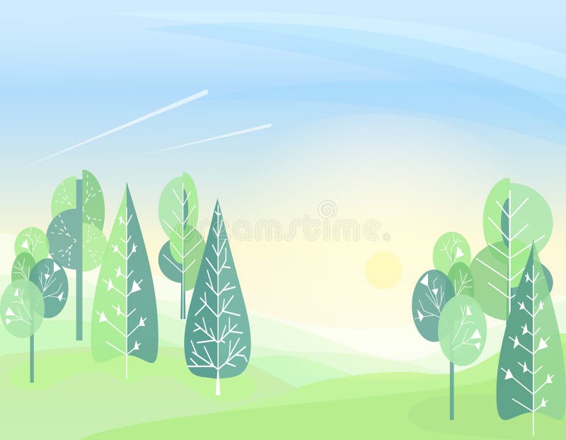 Summer forest cartoon abstract flat background. Simply Children`s drawing. Simple and cute landscape for your design stock illustration Summer forest cartoon abstract flat background. Simply Children`s drawing. Simple and cute landscape for your design stock illustration
