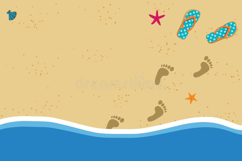 Summer frame with copy space flip flops and foot prints on sandy beach background. Summer vacation vector photo border frame with pair of flip flops and human stock illustration