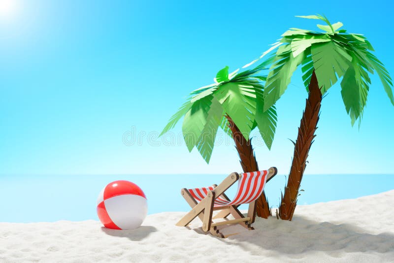 Sun lounger and beach ball under a palm tree on the sandy coast. Sky with copy space. F royalty free stock images