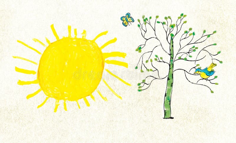 Sun and tree with leaves, a bird and a butterfly on a textural background, a stylization of a child`s drawing royalty free illustration