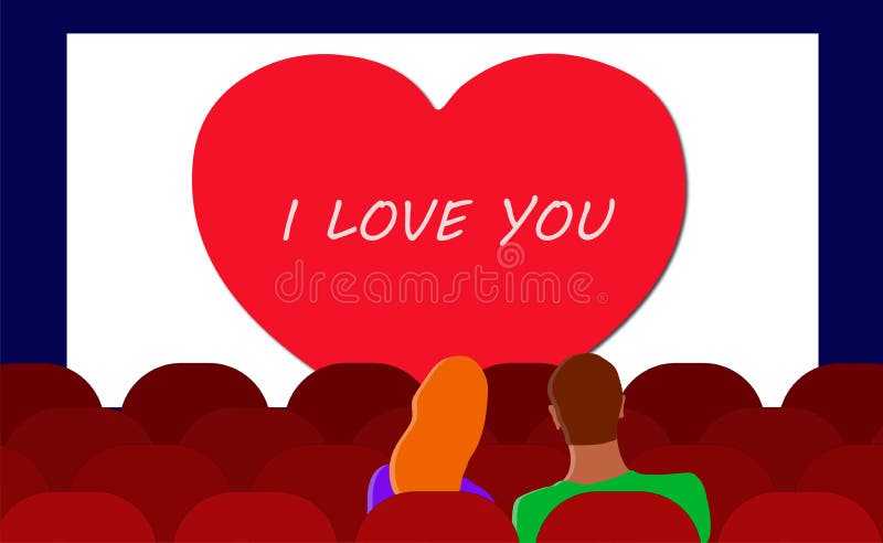 A sweetheart couple on a date in the back seats of a movie theater on Valentine`s Day. Vector. illustration stock illustration