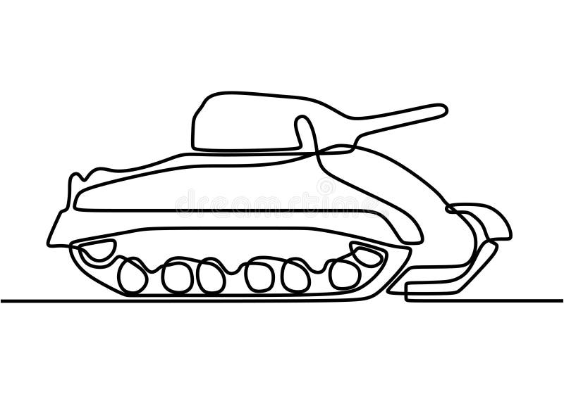 Tank one line drawing. An armoured fighting vehicle designed for front-line combat and war. Military concept isolated on white. Background. Vector illustration stock illustration