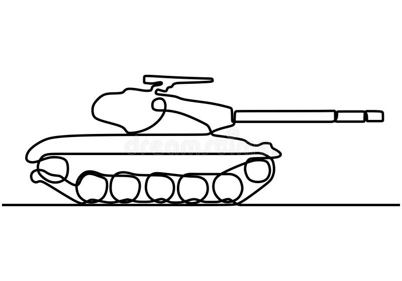 Tank one line drawing. An armoured fighting vehicle designed for front-line combat and war. Military concept isolated on white. Background. Vector illustration royalty free illustration