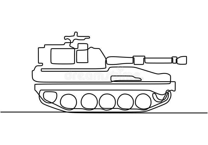 Tank one line drawing. An armoured fighting vehicle designed for front-line combat and war. Military concept isolated on white. Background. Vector illustration vector illustration