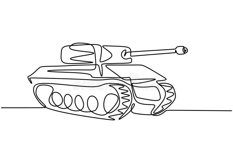 Tank one line drawing. An armoured fighting vehicle designed for front-line combat. Vector illustration army engine, minimalism. Continuous hand drawn vector illustration