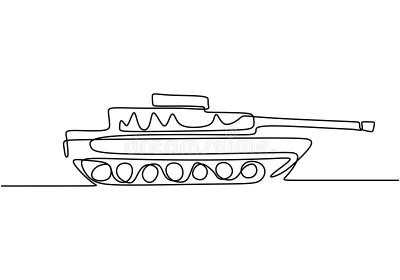 Tank one line drawing. An armoured fighting vehicle designed for front-line combat. Vector illustration army engine, minimalism. Continuous hand drawn stock illustration