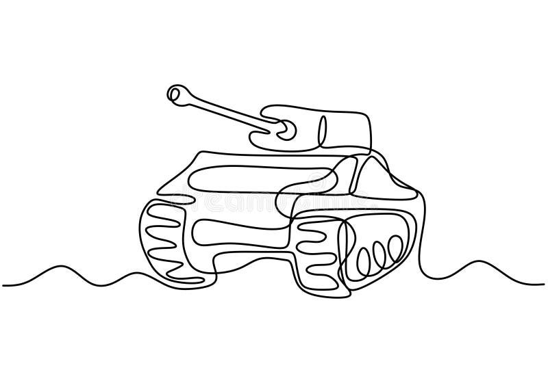 Tank one line drawing. An army fighting vehicle designed, combat transportation minimalism art vector illustration