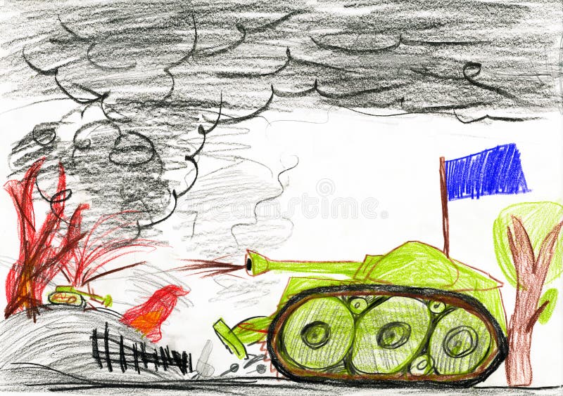 Tank in war battle. child drawing. Tank in war battle. childlike drawing stock illustration