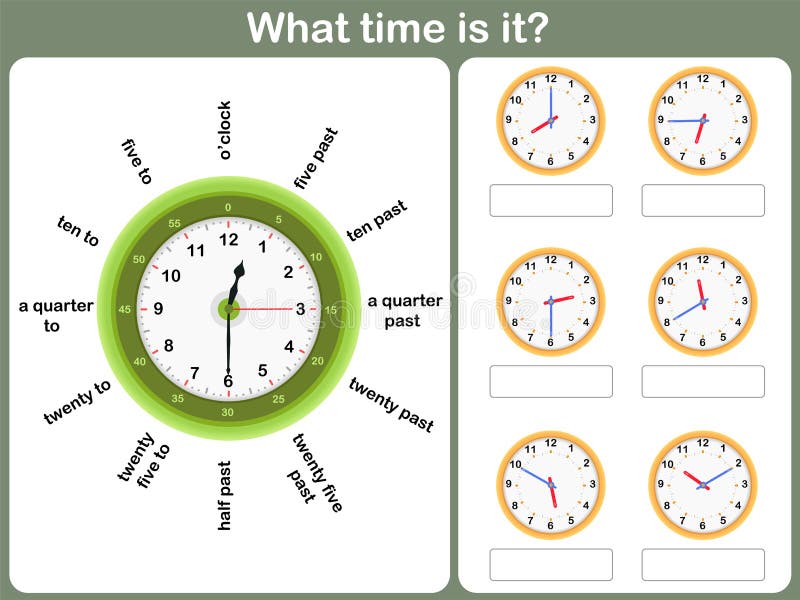 Telling time worksheet. write the time shown on the clock stock illustration
