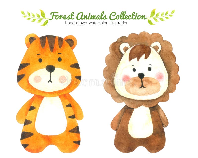 Tiger and Lion Cartoon watercolor collection isolated on white background ,Forest Animal Hand drawn painted character for Kids. Greeting Card ,Cases design stock illustration Tiger and Lion Cartoon watercolor collection isolated on white background ,Forest Animal Hand drawn painted character for Kids. Greeting Card ,Cases design stock illustration