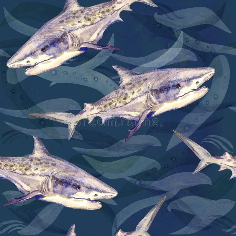Tiger shark, hand painted watercolor illustration, seamless pattern on dark blue ocean surface with waves. Background royalty free illustration Tiger shark, hand painted watercolor illustration, seamless pattern on dark blue ocean surface with waves. Background royalty free illustration