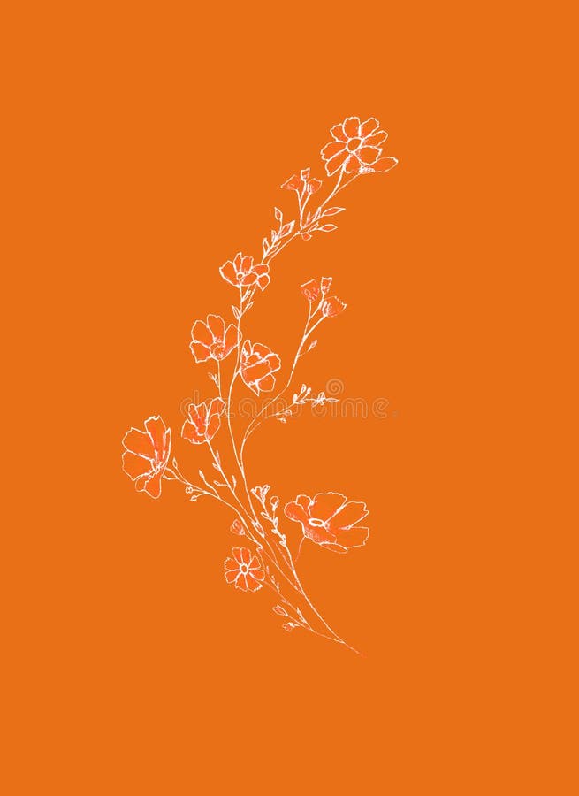 Tree branch with flowers and leaves, graphic hand drawn, blossom tree on Lush Lava background. Simple pencil art.  royalty free illustration