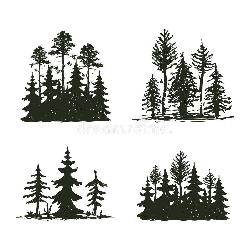 Tree outdoor travel black silhouette coniferous natural badge, tops pine spruce branch cedar and plant leaf abstract. Tree outdoor travel black silhouette logo stock illustration