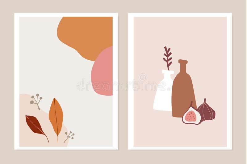 Trendy set of fall greeting cards, invitations. Fig fruit, colorful autumn leaves and vase. Abstract geometric shapes stock illustration