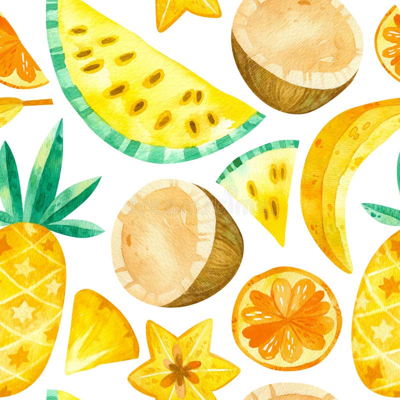 Tropical fruits  drawings seamless pattern. Summer fruits mix texture. Watercolor creative wallpaper, wrapping paper, textile design, scrapbooking, digital royalty free stock images