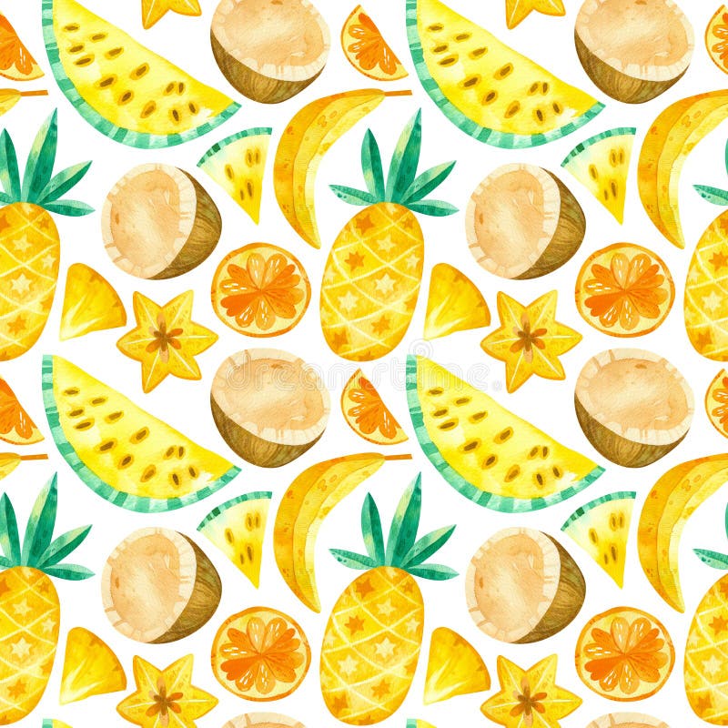 Tropical fruits  drawings seamless pattern. Summer fruits mix texture. Watercolor creative wallpaper, wrapping paper, textile design, scrapbooking, digital royalty free stock image