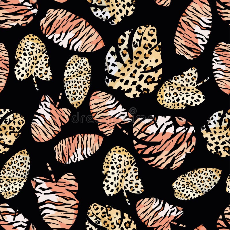 Tropical leaves painted tiger leopard skin seamless black background. Trendy tropical leaves painted tiger leopard skin vector illustration. Repeating leafage stock illustration Tropical leaves painted tiger leopard skin seamless black background. Trendy tropical leaves painted tiger leopard skin vector illustration. Repeating leafage stock illustration
