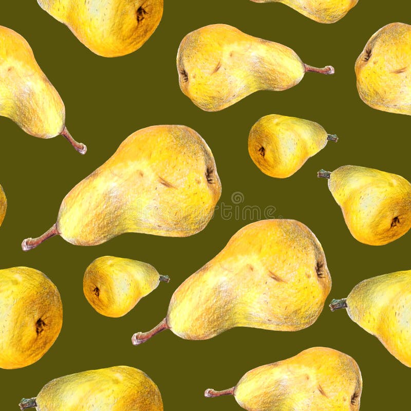 Tropical summer fruit seamless pattern. Yellow pear in hand drawn style. vintage fabric design stock illustration
