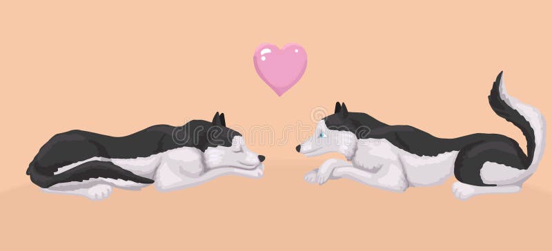 Dogs lie and look at each other. Heart and love canine. Vector cute illustration. Two dogs lie and look at each other, above them pink heart. Symbol of love and royalty free illustration Dogs lie and look at each other. Heart and love canine. Vector cute illustration. Two dogs lie and look at each other, above them pink heart. Symbol of love and royalty free illustration