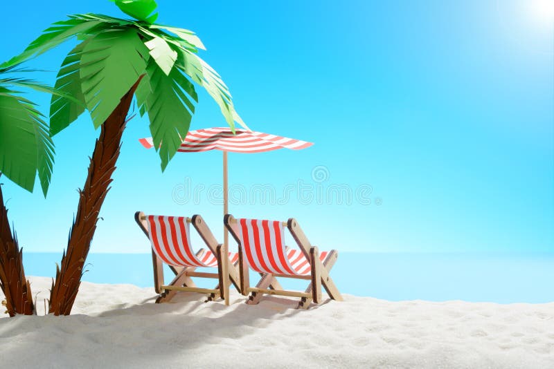 Two sun loungers under a palm tree on the sandy coast. Sky with copy space. F royalty free stock image