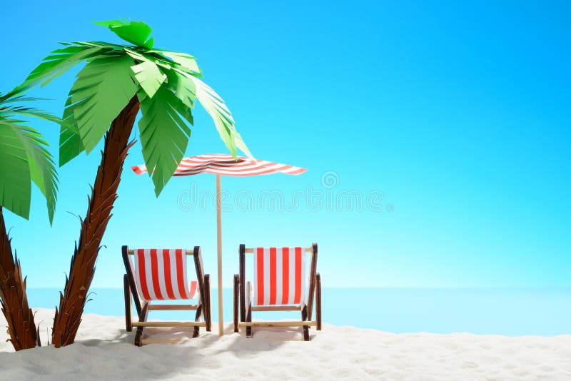 Two sun loungers under a palm tree on the sandy coast. Sky with copy space. F stock image