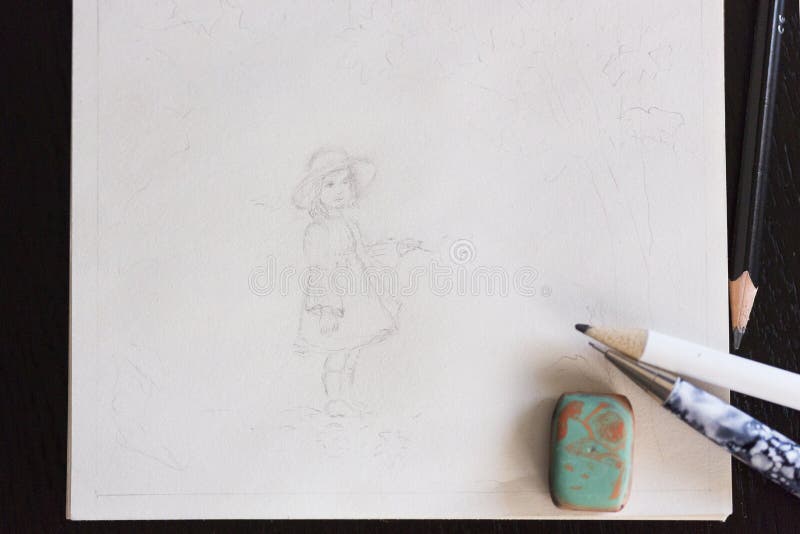 Unfinished pencil drawing of little girl surrounded by autumn landscape vector illustration