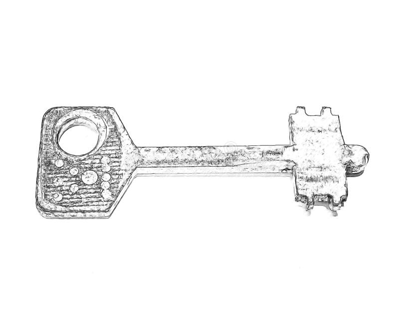 Unusual key of the castle. In black and white color painted in black on a white background pencil stock illustration