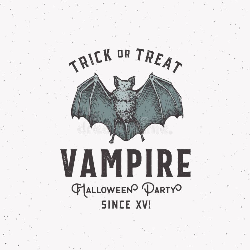 Vampire Party Vintage Style Halloween Logo or Label Template. Colored Hand Drawn Bat Sketch Symbol with Retro Typography. Shabby Texture Background. Isolated royalty free illustration