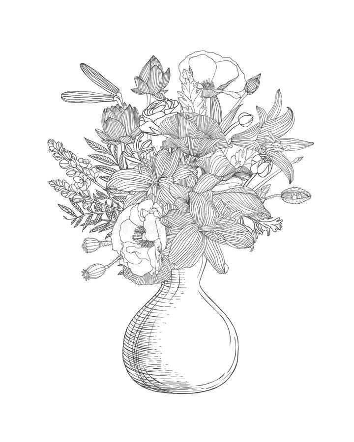 Vase with assorted flowers. Linear illustration stock illustration