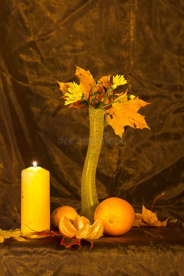 Vase with autumn leaves. royalty free stock image