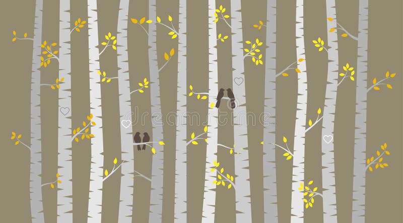 Vector Birch or Aspen Trees with Autumn Leaves and Love Birds. Or Bird Couples stock illustration Vector Birch or Aspen Trees with Autumn Leaves and Love Birds. Or Bird Couples stock illustration