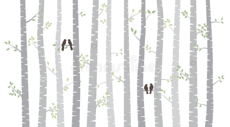 Vector Birch or Aspen Trees with Autumn Leaves and Love Birds. Aspen Trees with Autumn Leaves and Love Birds or Bird Couples stock illustration Vector Birch or Aspen Trees with Autumn Leaves and Love Birds. Aspen Trees with Autumn Leaves and Love Birds or Bird Couples stock illustration