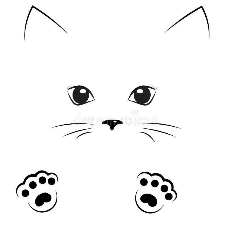 Vector black outline drawing cat gir face with paws. Vector black outline drawing cute cat girl face with paws stock illustration